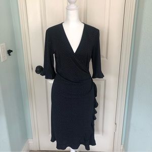 Express Navy Striped Ruffle Sleeve Fitted Ruched Waist Dress